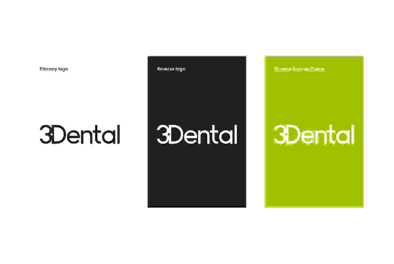 3Dental logos - primary, secondary and reverse logos in black white and lime green